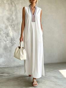 Isle Nomé Women Sleeveless Maxi Caftan Dress, V‑Neck Decorative Printed Trim Loose Side Split Long Dress - Apricot - View 3