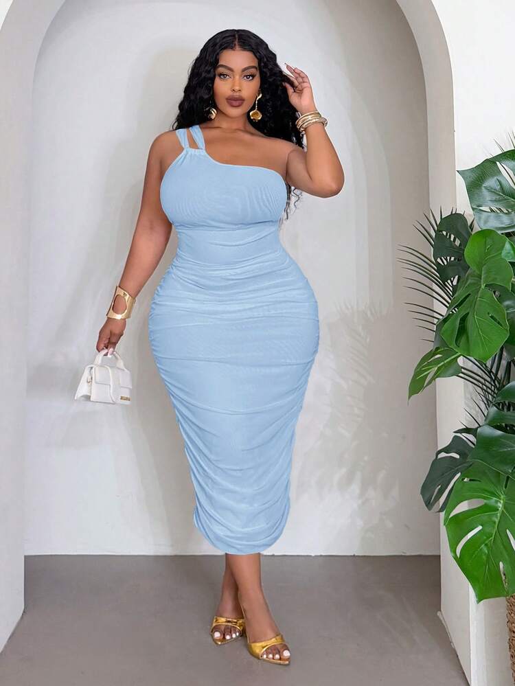 Slaydiva Plus Size Women's Solid Color One-Shoulder Sleeveless Fitted Fashion Elegant Vacation Dress - Blue - View 1