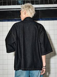 ROMWE MEN Street Life 男士玉米眼飾拉鍊休閒百搭日常旅行牛仔外套 - 藍色 - 查看 3