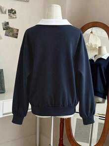 Flirla Plus Size Women's Casual Contrast Color Collar Drop Shoulder Sweatshirt, Autumn/Winter Fall - Multicolor - View 2