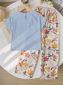 SHEIN 青少年女孩 T-Shirt 套裝 梭織純色短袖 T-Shirt 與碎花長褲休閒套裝 - 藍色 - 查看 2