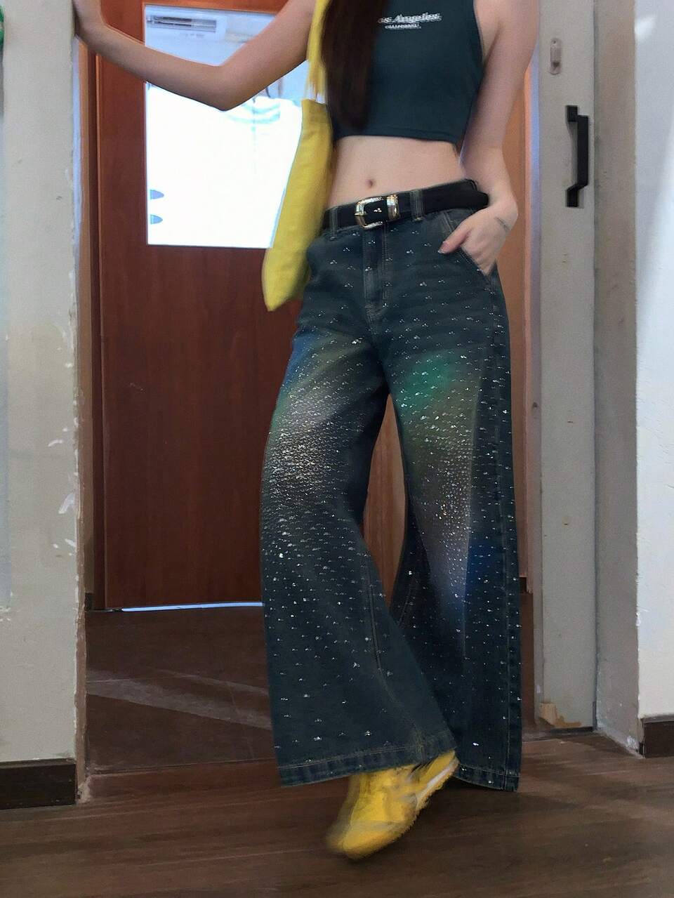 Women's Loose Gradient Rhinestone Korean Style Casual Y2k 2000s Girly Washed Long Pants Cute Tops Going Out Gray Autumn