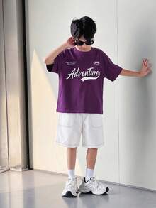 青少年男孩2件套，紫色短袖字母印花T恤與白色口袋短褲，韓系極簡街頭風，夏季城市度假休閒穿搭 - 紫色 - 查看 5