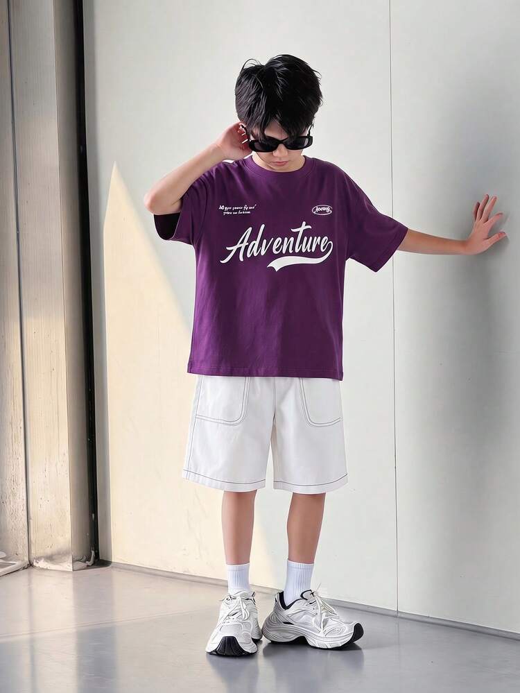 Tween Boy 2pcs Set,Purple Short Sleeve Letter Print T-Shirt & White Pocket Shorts,Korean Minimalist Streetwear,Summer City Break Casual Outfit - Purple - View 4