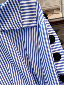 GlowEve CURVE 大码女式条纹立领长袖衬衫，适合通勤、外出、春夏上衣、派对/海滩装扮、休闲/优雅/度假/商务场合穿着 - 藍色 - 查看 3