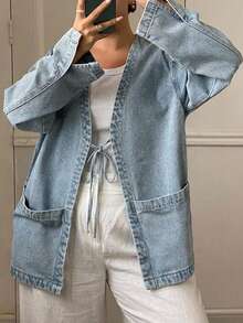 Dazy Plus Jaket Denim Kasual Vintage Wanita Ukuran Plus dengan Tali Pengikat, Model Longgar, Gaya Blogger, Musim Semi/Musim Gugur - Light Wash - View 6