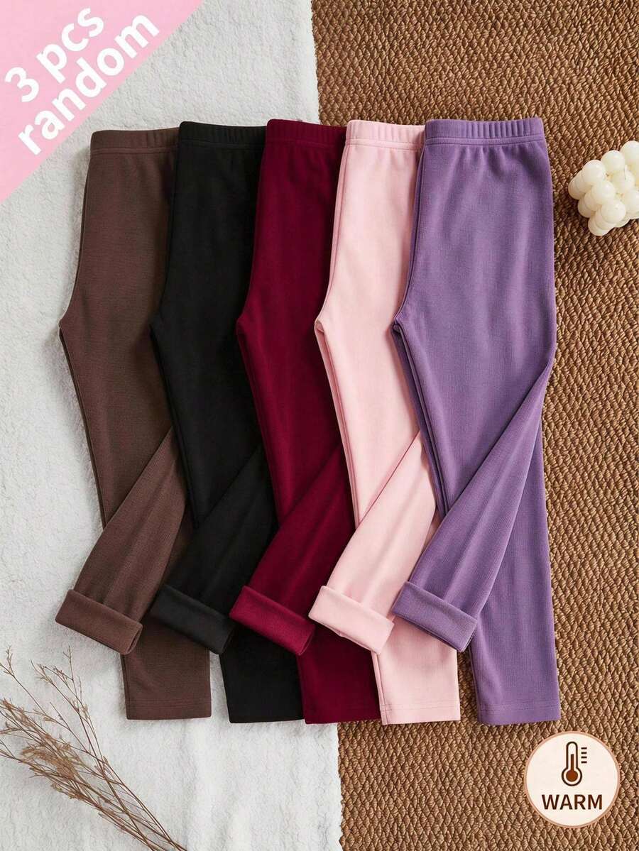 SHEIN 3件組少女加厚緊身褲 秋冬款，買1得3！百搭休閒皮質緊身褲 3件套，全方位休閒多功能緊身褲選擇。舒適，適合秋冬居家、戶外運動、學校、日常休閒穿著 - 彩色 - 查看 1