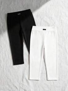 SHEIN EZwear 2件裝女款黑灰色3/4長度字母刺繡緊身休閒內搭褲，適合夏季、運動、瑜珈、戶外與室內穿著，時尚風格 - 彩色 - 查看 9