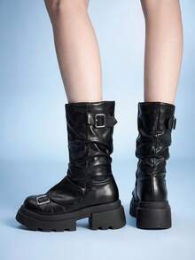 Sugerpunk Women's Fashion Versatile Chain Decor Thick Sole Wedge Ankle Boots - Black matte - View 9