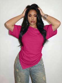 Slaydiva 2026 Spring/Summer Women's Plus Size Solid Color Asymmetrical T-Shirt - Hot Pink - View 5