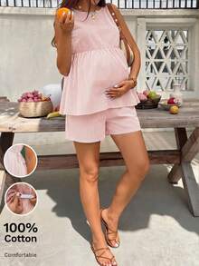 SHEIN 孕婦條紋百褶上衣與可調節短褲休閒日常兩件套 - 粉色 - 查看 3