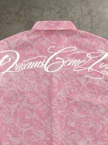Manfinity ZONE917 Boxy Cropped Casual Fashion Distressed Pink Rose Pattern Cursive English Letter Pink Short Print Shirt Set, Gift For Friends - Pink - View 2