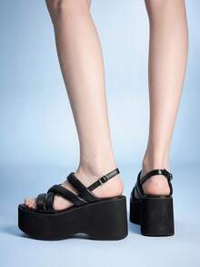 Sugerpunk Sandal wedges kasual dan bergaya untuk wanita dengan ujung terbuka, skema warna gelap bergaya punk gothic, dan gesper pergelangan kaki elastis dari logam. - Malam Bersinar Hitam - View 7