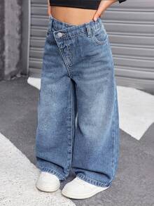 SHEIN Young Girl Young Girl Young Girl Young Girl Asymmetrical Waistband Pocket Wide Leg Loose Casual Denim Jeans Autumn Winter - Light Wash - View 5