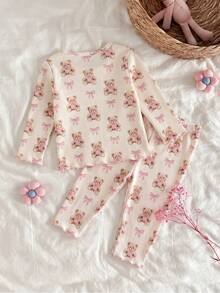 新生女嬰可愛卡通與花卉圖案長袖居家服套裝 - 彩色 - View 2