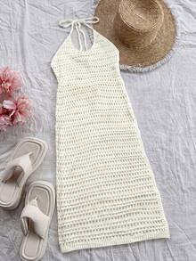 Sweetra Plus Size Women's Solid Color Spaghetti Strap Slit Knit Dress For Vacation Fall - White - View 2