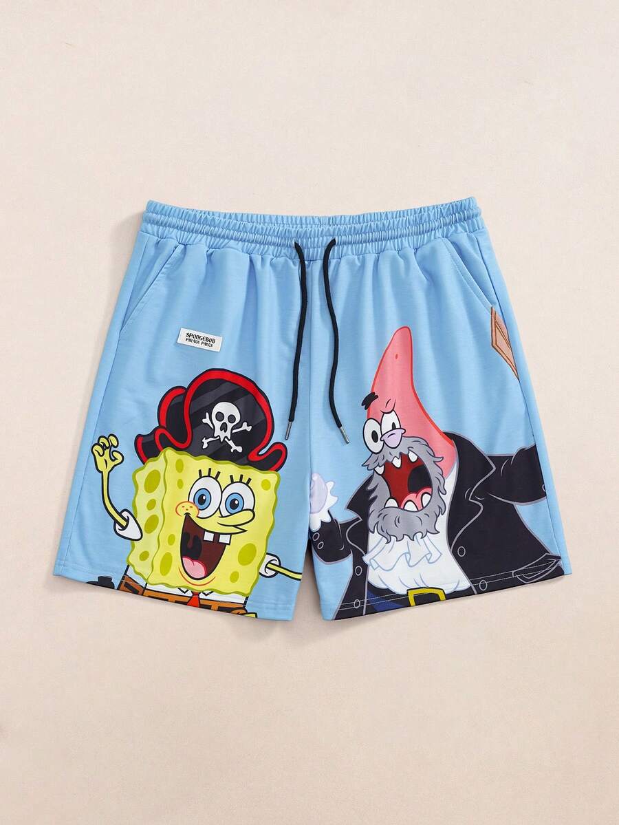 SpongeBob SquarePants | SHEIN Men's Summer Casual Cartoon Print Shorts - Blue - View 1