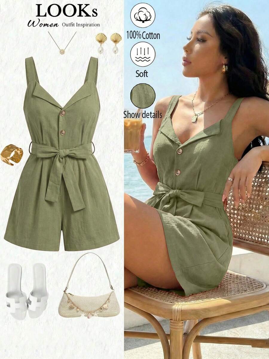GlowEve Women's Elegant Button Decor Sleeveless Jumpsuit, Suitable For Commuting - Army Green - View 1