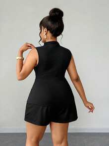 Maweii Women's Plus Size Solid Color High Elastic Stand Collar Sleeveless Top, Casual Versatile Commute Daily Vacation Slimming A-Line Wide Leg Shorts 2pcs Set - Black - View 7