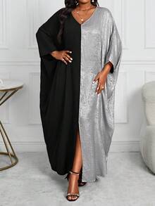 SHEIN Lady Plus Size Women Contrast Color V-Neck Batwing Long Sleeve Loose Casual Dress, Autumn/Winter Fall - Silver - View 6