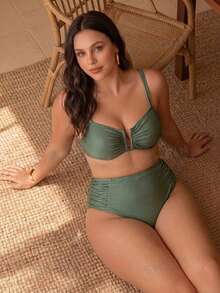 Swim Chiccia Sage Green Summer Elegant Beach Vacation Holiday Women Chiccia 2-Piece Bikini Set,Solid Color Textured Side Ruched Deep V-Neck Plus Size Swimwear - Green - View 6