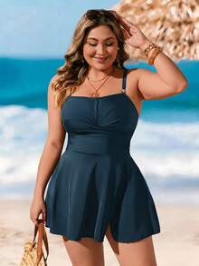 Swim Lushoire Plus Size Women Solid Color Ruched Spaghetti Strap Swim Dress, Suitable For Summer Vacation And Beach - Multicolor - View 6
