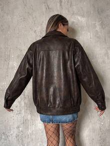 SHEIN ICON 女款深棕色純色PU皮革拉鍊時尚百搭日常休閒復古70年代復古夾克外套，適合夜晚外出與度假 - 棕色 - 查看 2