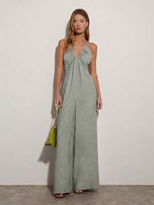 Nöista Women's Solid Color Deep V-Neck Wide Leg Loose Casual Halter Neck Jumpsuit - Army Green - View 4