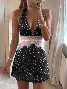 Avenya Summer Black And White Polka Dot Halter Tie Mini Dress, Deep V Backless Lace Patchwork Cinched Waist A-Line Short Sexy Party Vacation Night Out Outfit - Multicolor - View 2