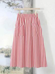 Rusticease Plus Size Striped Print Pocket Casual Versatile Skirt, Summer Vacation Spring Country Fall - Red - View 5