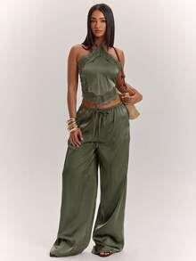 SHEIN BAE 女款純色對比蕾絲掛脖上衣與長褲優雅套裝 - 軍綠色 - 查看 4