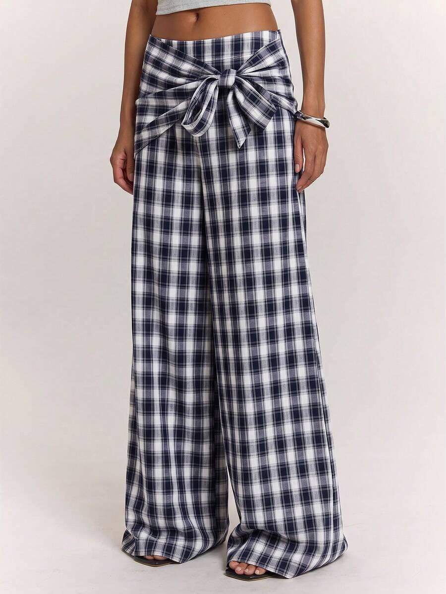 SHEIN BAE Women's Casual Daily Wear Versatile Brown Plaid Scarf-Style Loose Wide Leg Long Pants/Plaid Long Pants/Casual Long Pants/Wide Leg Long Pants/Work Long Pants/Outing Long Pants/Airport Long Pants/Vintage Long Pants - Navy Blue - View 1