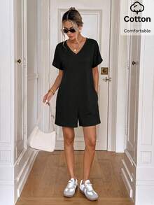 Easowa Women's Solid Color V-Neck Short Sleeve Pocket Casual Basic Modest Romper Travel Black Summer Cotton Is Comfortable Everyday Travel Real Pocket - Black - View 7