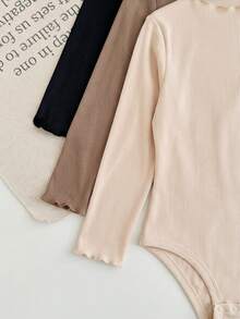 SHEIN LMoss Kids LMoss 女嬰舒適針織純色荷葉邊連身衣 3件套，秋季 - 卡其色 - 查看 5
