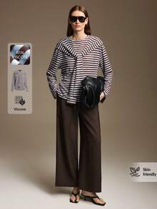 Ontre Women's Blue & Brown Striped Comfortable Fabric Loose Fit Drop Shoulder Long Sleeve Front 2 In 1 Tie Decor Design Modern Urban Fashion Business Casual Office Wear Low-Key Old Money Style Elegant Commute Airport Autumn Essential Premium Comfortable Old Money Women's T-Shirt - Multicolor - View 7