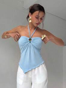 Aloruh Spring/Summer New Sexy Hot Girl Music Festival Party Night Out Vacation Bohemian Light Blue Beaded Cutout Asymmetrical Hem Halter Tank Top - Baby Blue - View 9