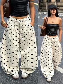 Coolane Women's Summer Fall Streetwear Going Out Casual Vintage Cotton Black Polka Dot Pattern Low Waist White Jeans Banana Harem Pants - Black and White - View 8