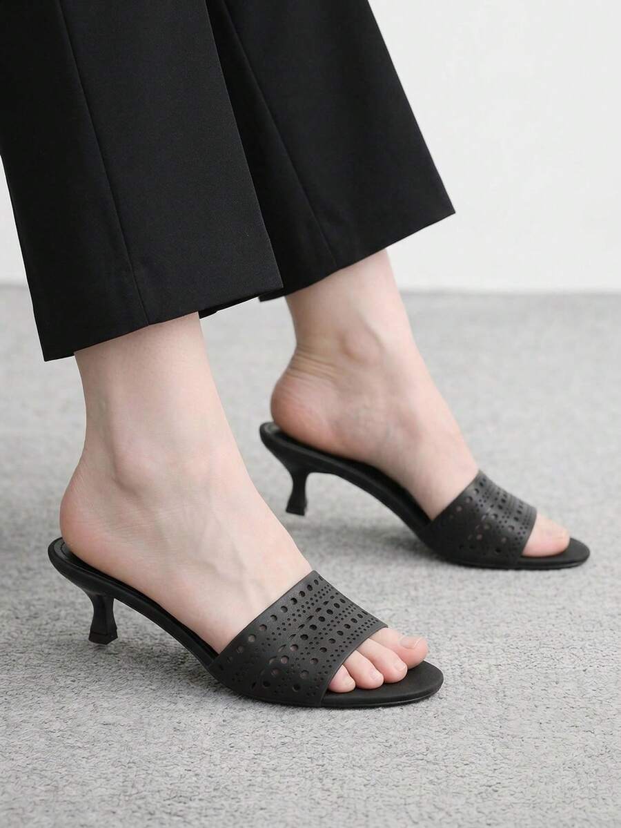 CUCCOO BIZCHIC 女款夏季新款黑色鏤空拼接高跟涼鞋,圓頭中跟露趾設計,適合日常穿搭,百搭舒適 - 匠心羊巴黑1# - 查看 1
