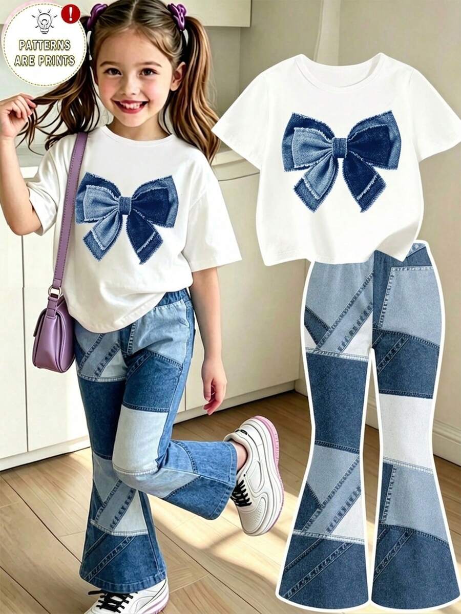 SHEIN 2件組少女休閒夏季蝴蝶結印花圓領短袖T恤與3D印花仿牛仔軟喇叭長褲套裝 - 彩色 - 查看 1