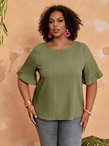 BrightlyHer Blusa de mangas cortas con volantes en el bajo, de talla grande, de estilo sencillo, de moda casual para uso diario y vacaciones, para mujer, primavera/verano - Verde militar - Ver 5