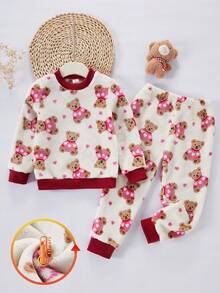 SHEIN 女童灰色愛心圖案舒適長褲與長袖兩件套，秋冬居家休閒服 - 彩色 - 查看 3