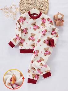 SHEIN 女童灰色愛心圖案舒適長褲與長袖兩件套，秋冬居家休閒服 - 彩色 - 查看 4