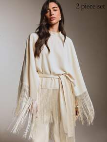 COSMINA Women's Casual Elegant Tassel Patchwork Shirt And Pants Set For Occasions - White - View 5