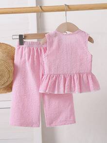 SHEIN Playful Pals 2件套女婴幼儿/新生儿0-3岁春夏休闲甜美日常度假条纹梭织无袖上衣和阔腿裤两件套 - 粉色 - 查看 2