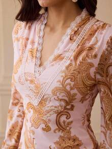 ZEYLAH Women's Contrast Lace V-Neck Long Sleeve Floral Print Top - Baby Pink - View 1