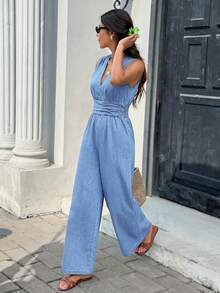 Serisse Women's Deep V-Neck Pleated Casual Daily Denim Jumpsuit Fall - Light Wash - View 5