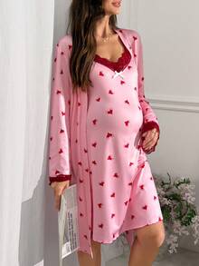 Moonlight&Mama Fashion Pink Heart Print Red Lace Decor Maternity Camisole Nightgown Long Sleeve Robe Loungewear 2pcs Set - Pink - View 6