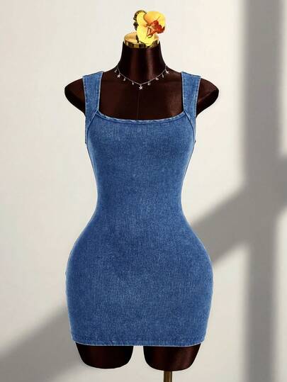 Amplova Women's Summer Casual Sleeveless Fitted Mini Denim Dress