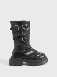 Sugerpunk Women's Fashion Versatile Chain Decor Thick Sole Wedge Ankle Boots - Black matte - View 8