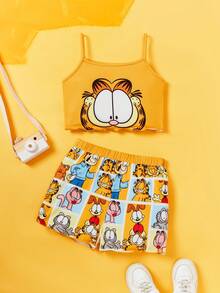 GARFIELD | SHEIN 青少年女孩夏季休閒卡通印花萵苣邊背心上衣和短褲睡衣套裝 - 黃色 - 查看 3